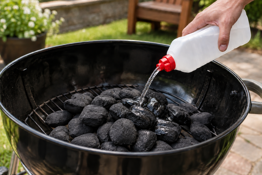 Lighter fluid being poured over charcoal with a no symbol