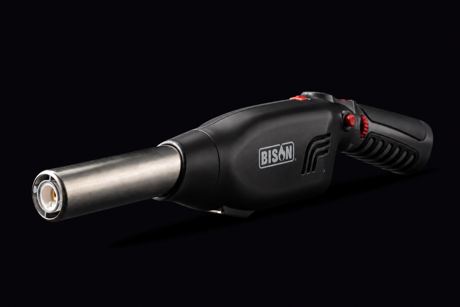 A Bison brand Airlighter with a metallic silver nozzle and an black body with a black textured grip, shown against a solid black background.
