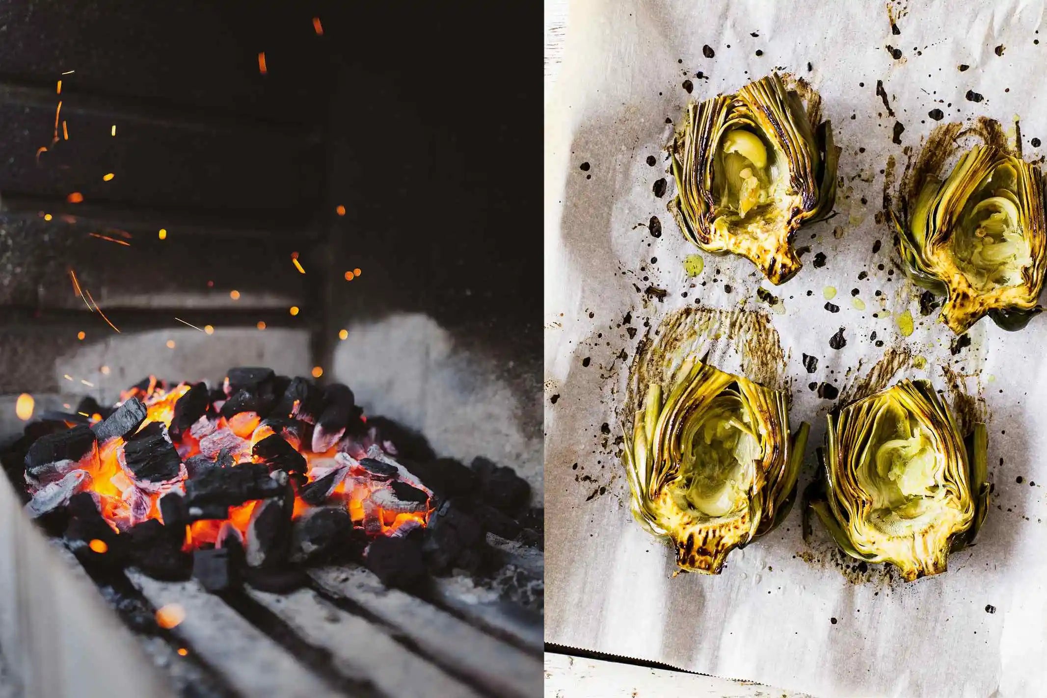 Burning coals (left). Grilled artichoke (right)