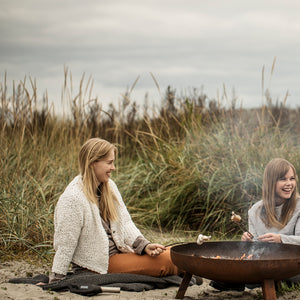 Picture of ladies roasting marshmallows over a fire pit