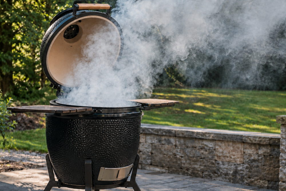Smoke rising from an open ceramic charcoal grill