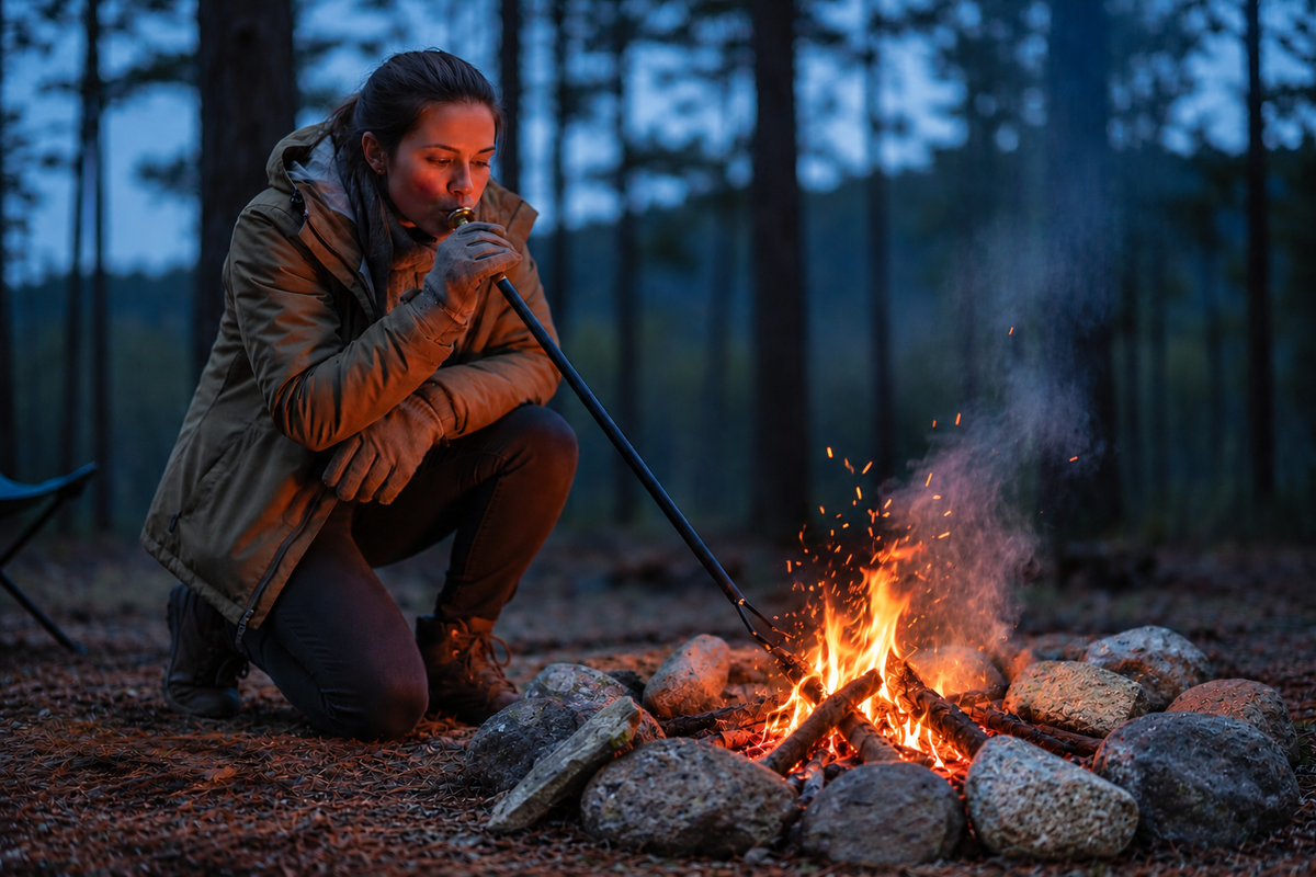 Camper blowing air into campfire embers using Firedragon