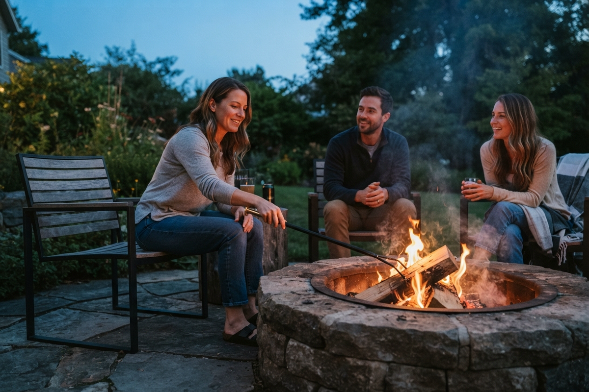 Woman using Firedragon to move a log in a backyard fire pit