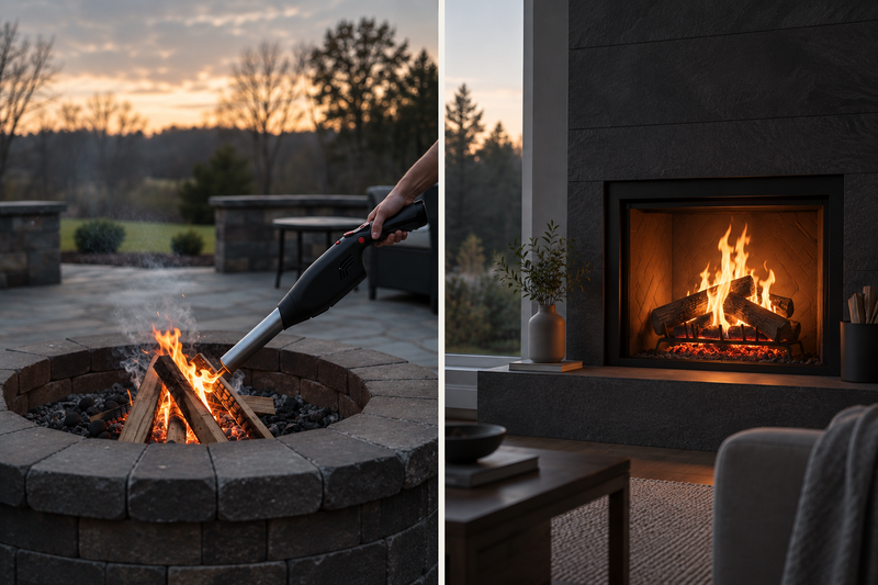 Outdoor fire pit and indoor fireplace