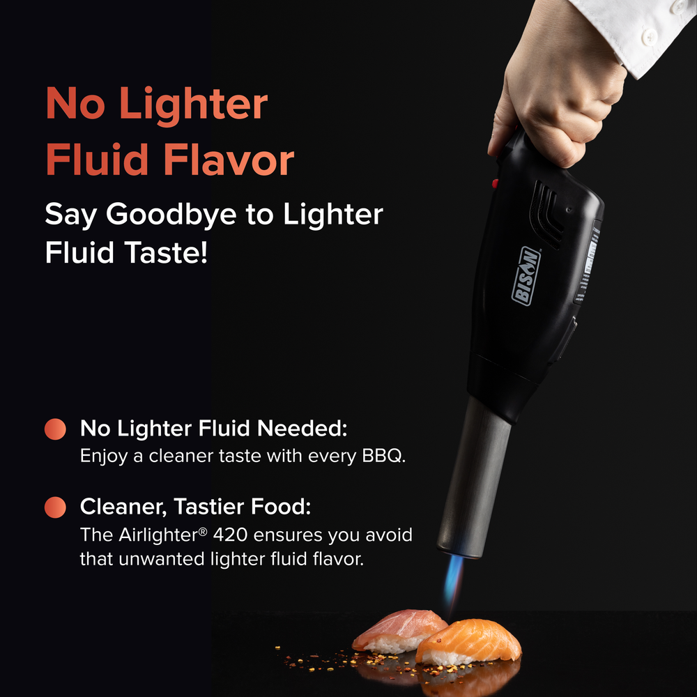 No Lighter Fluid Flavor. Say goodbye to lighter fluid taste! No lighter fluid needed, enjoy cleaner tase with every BBQ. Cleaner, Tastier Food: The Airlighter 420 ensures you avoid that unwanted lighter fluid flavor.