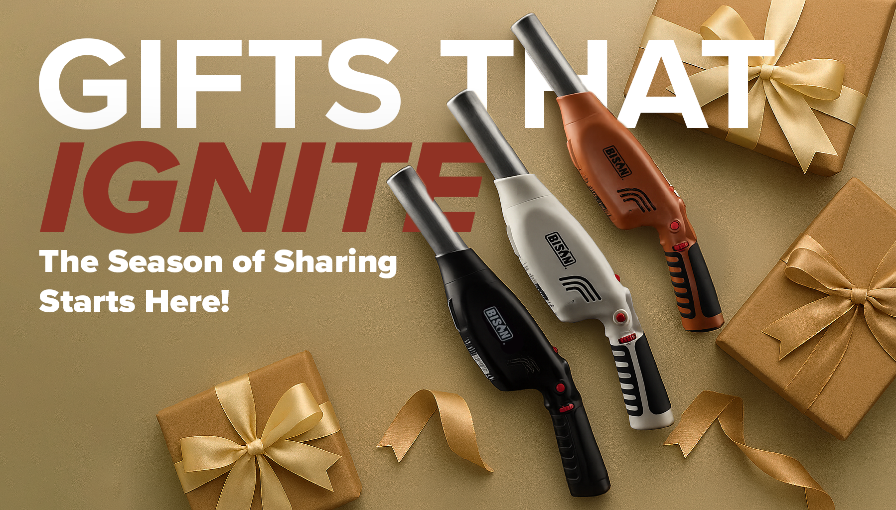 Gifts with ribbons and text 'Gifts That Ignite' on a beige background