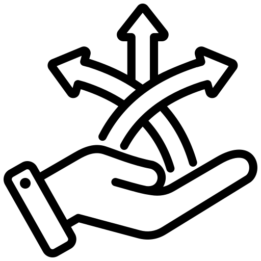 Black line drawing of a hand holding four arrows pointing in different directions on a white background.