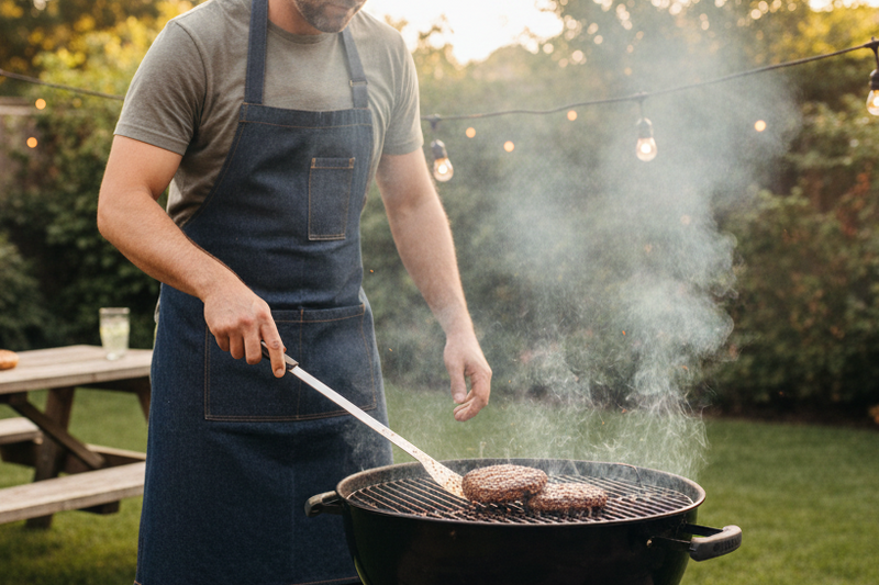 Man cooking burgers over a charcoal grill