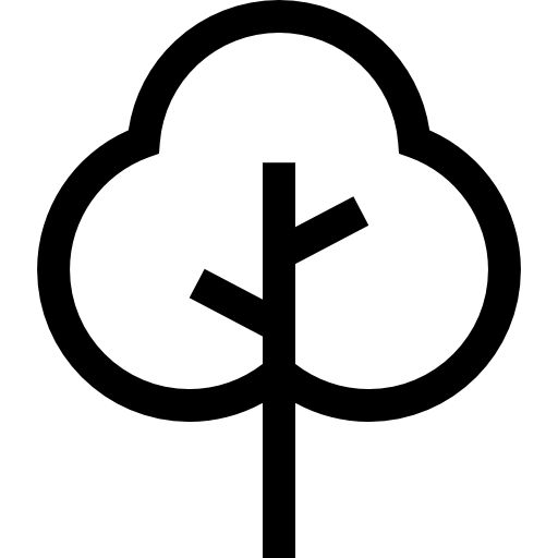 Black and white icon of a tree with a cross-like symbol inside it on a white background